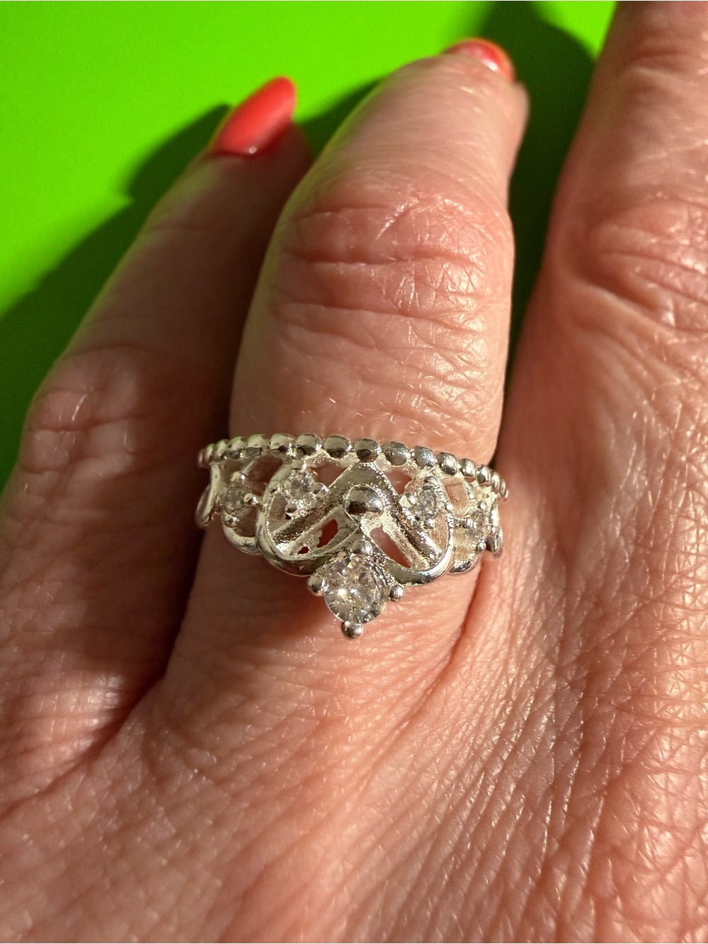 Sterling Silver Crown-Style Solitaire Ring with Clear Stone - Size 7